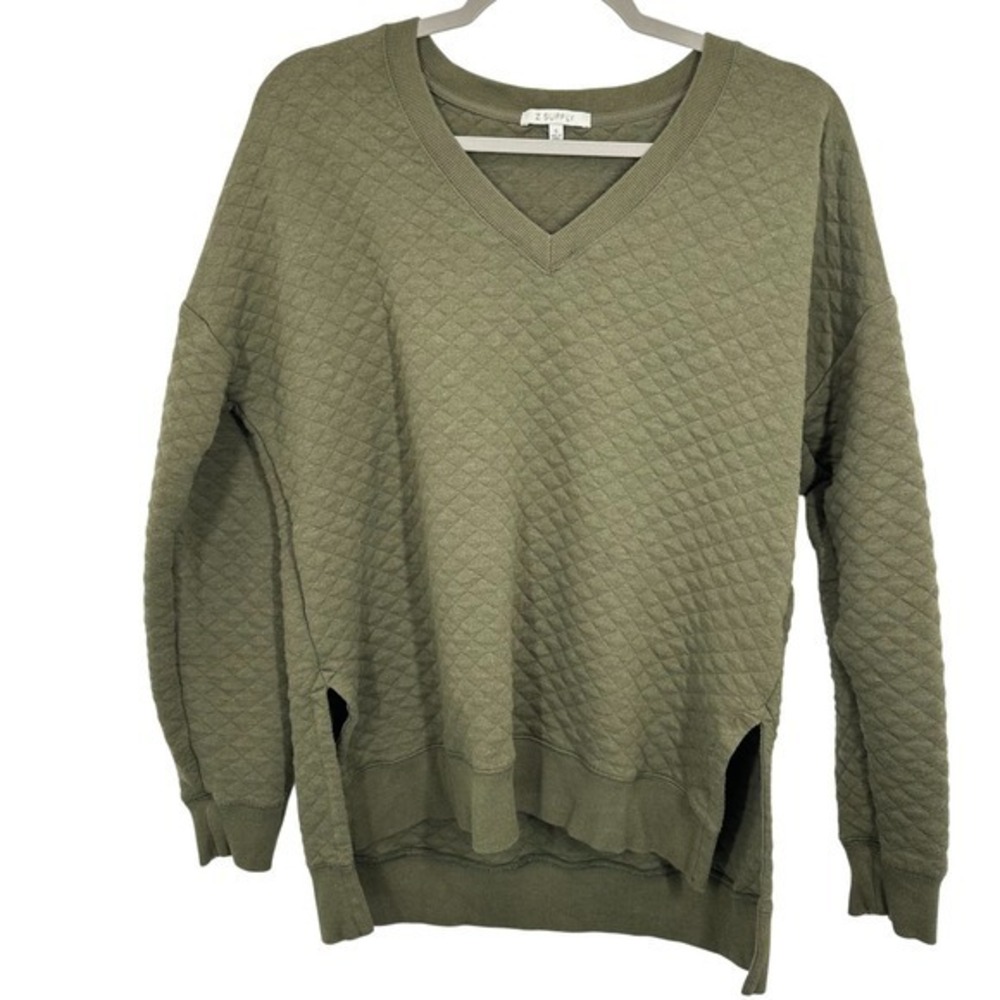 Z Supply Size Small Quilted V Neck Sweatshirt Olive Green Tunic Bamboo Blend
